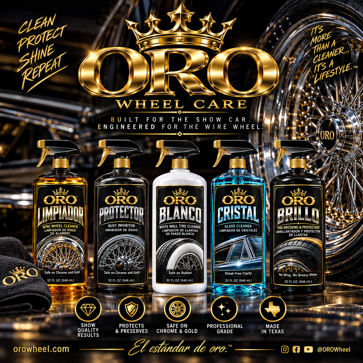 Oro Wheel Care lineup with gold wire wheel